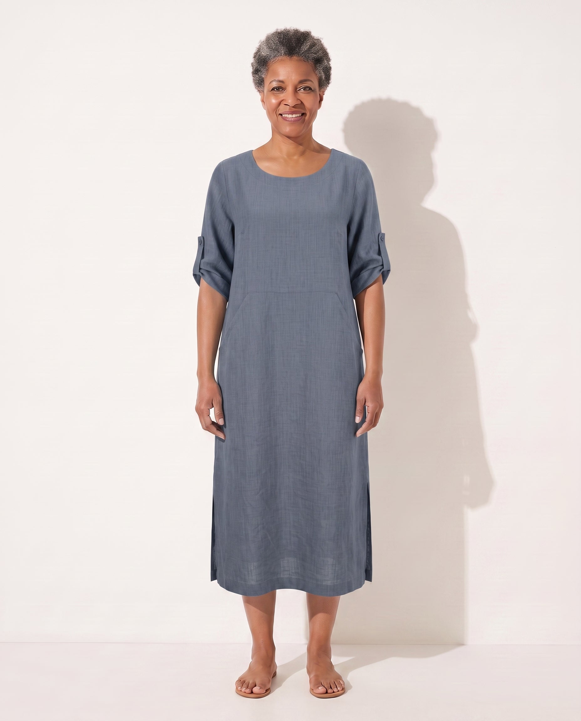 Noemie | Black Evening Dress with Draped A-Line Silhouette — Blue