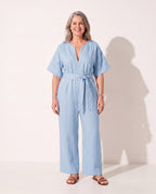 Ingrid | Strapless Wide Leg Linen Jumpsuit Summer Casual — Blue