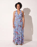 Ophelia | Floral Print Halterneck Chiffon Maxi Dress — Blue
