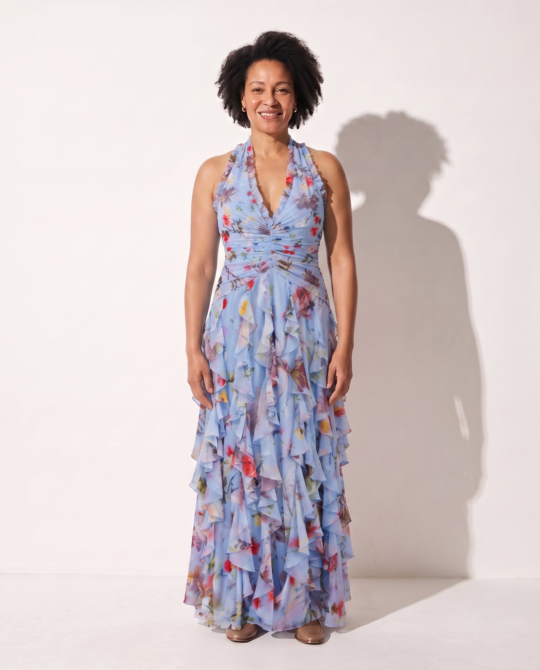 Ophelia | Floral Print Halterneck Chiffon Maxi Dress — Blue