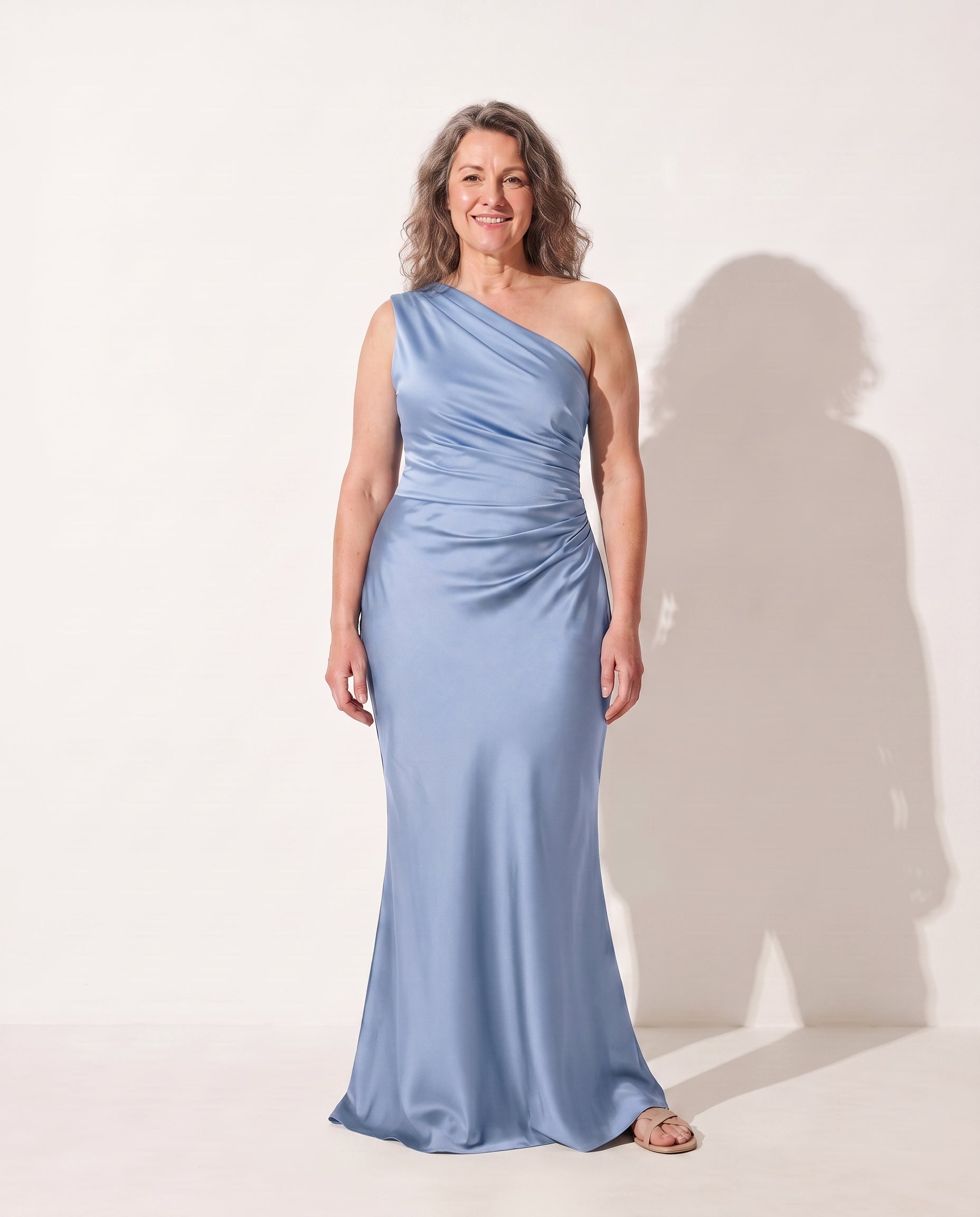 Sidonie | Long Sleeve Satin One Shoulder Wedding Guest Dresses — Blue