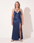 Penelope | Long Sleeve Satin Maxi Dress Evening Occasions — Blue