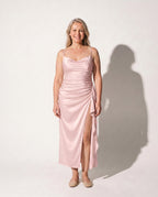 Coralie | Plus Size Evening Dresses Draped Satin Split Maxi — Blush