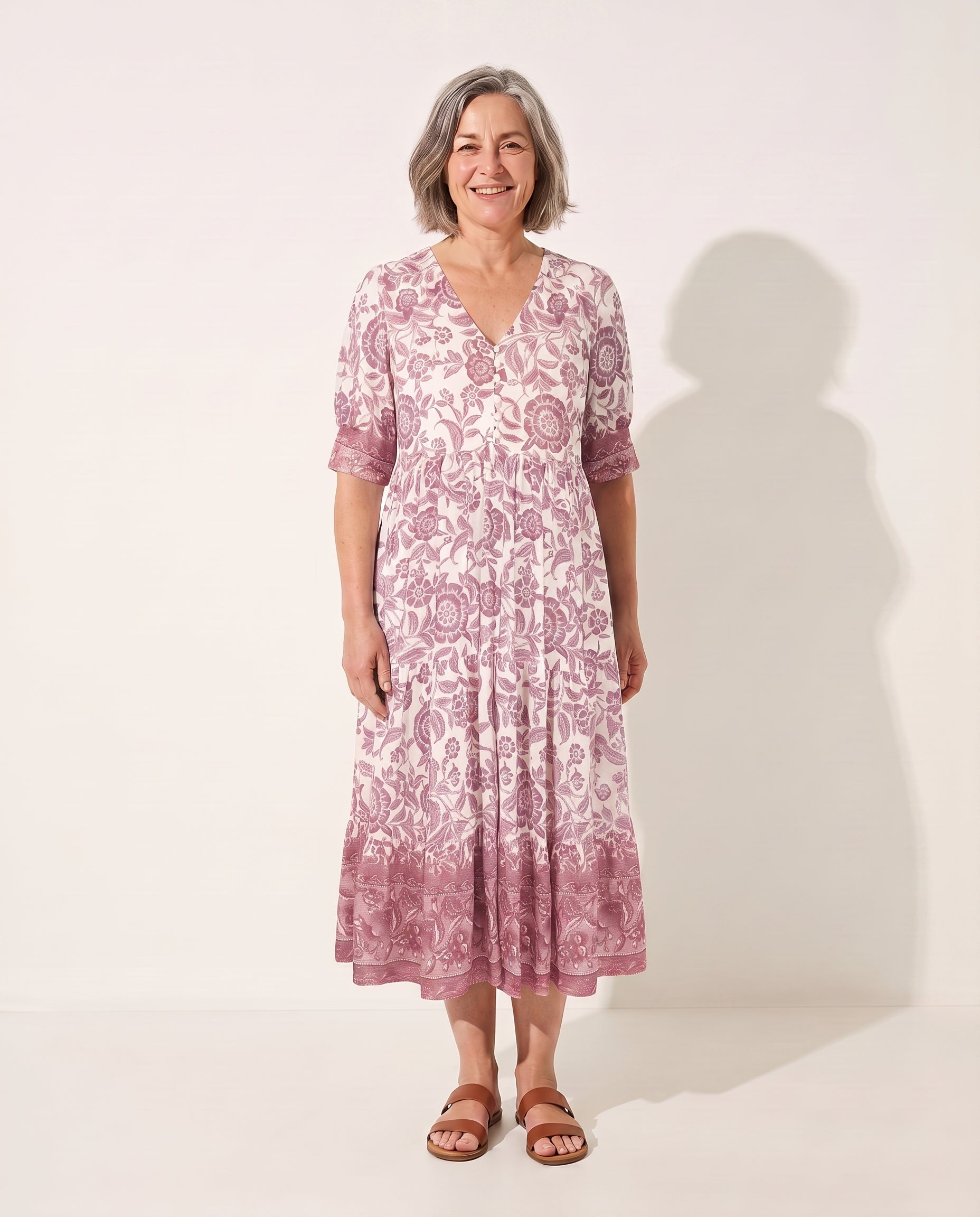 Ophelia | Long Sleeve Floral Midi Dress Wedding Guest — Blush
