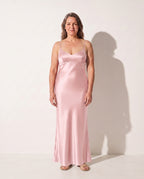 Evangeline | Black Satin Open Back Evening Dress — Blush