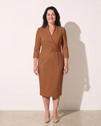 Philippa | Long Sleeve V-Neck Belted Midi Dress Workwear — Brown