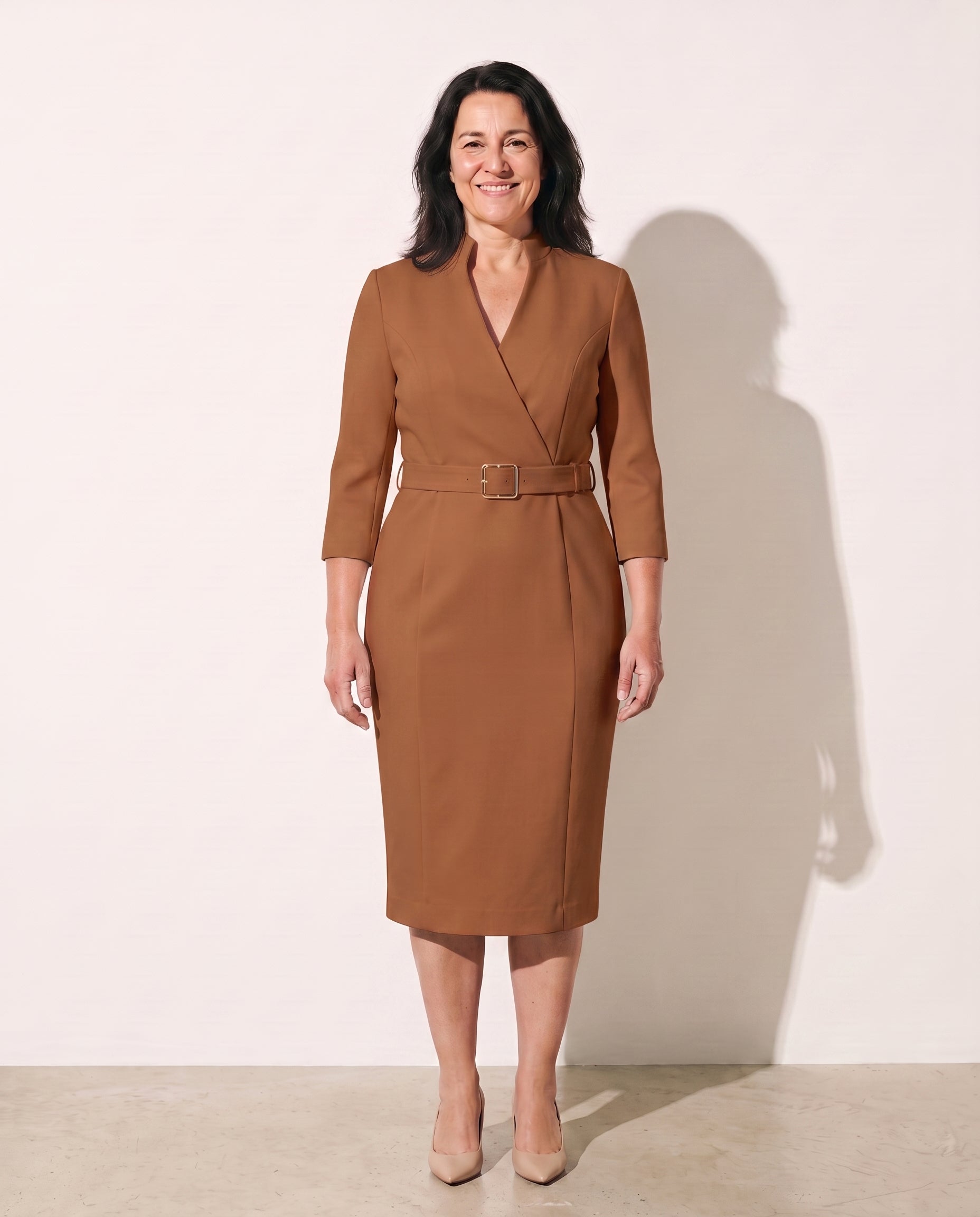 Philippa | Long Sleeve V-Neck Belted Midi Dress Workwear — Brown