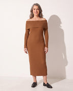Celeste | Off Shoulder Knitted Maxi Dress Evening Occasion — Brown