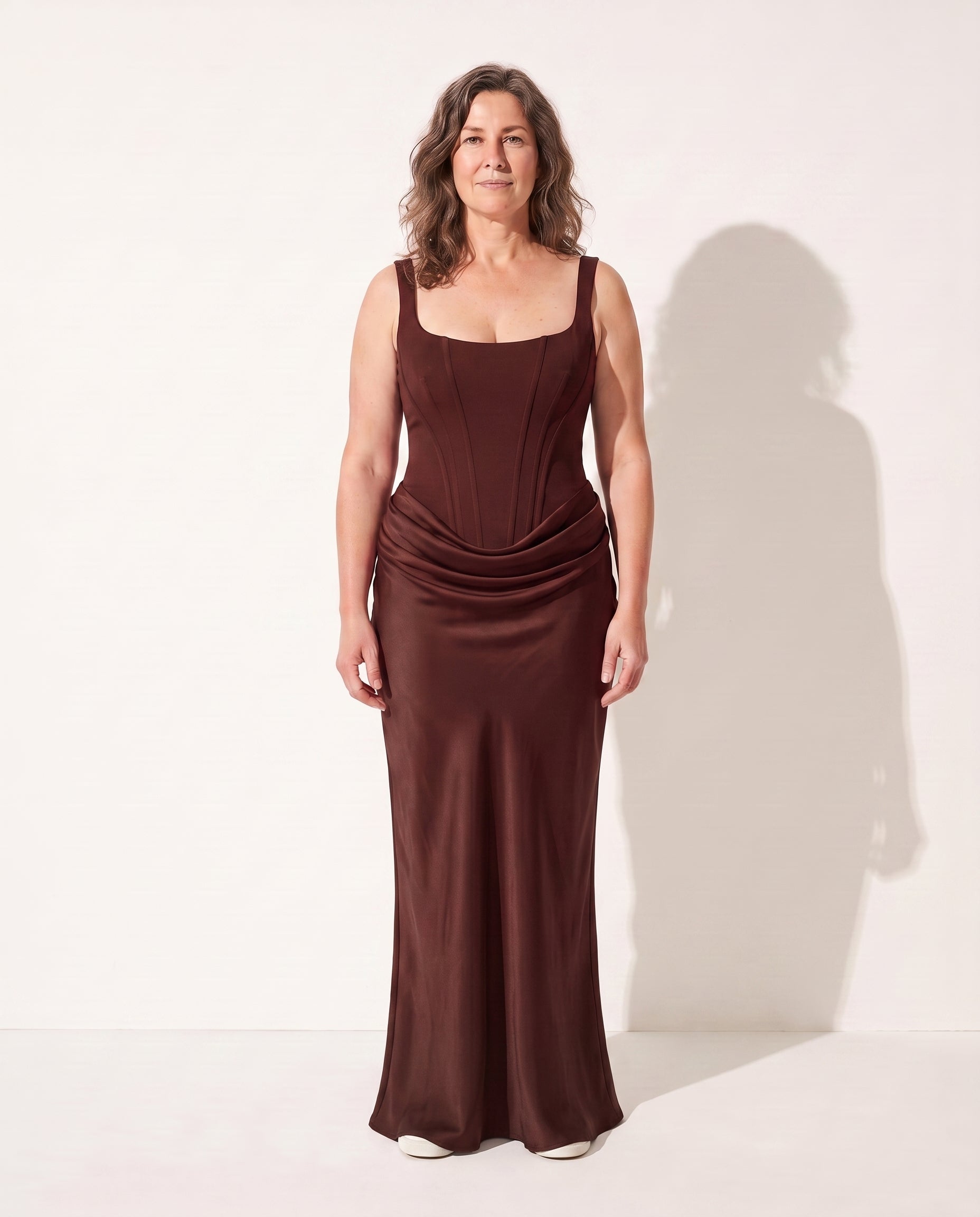 Ursula | Women Square Neck Corset Lace Maxi Wedding Dress — Brown