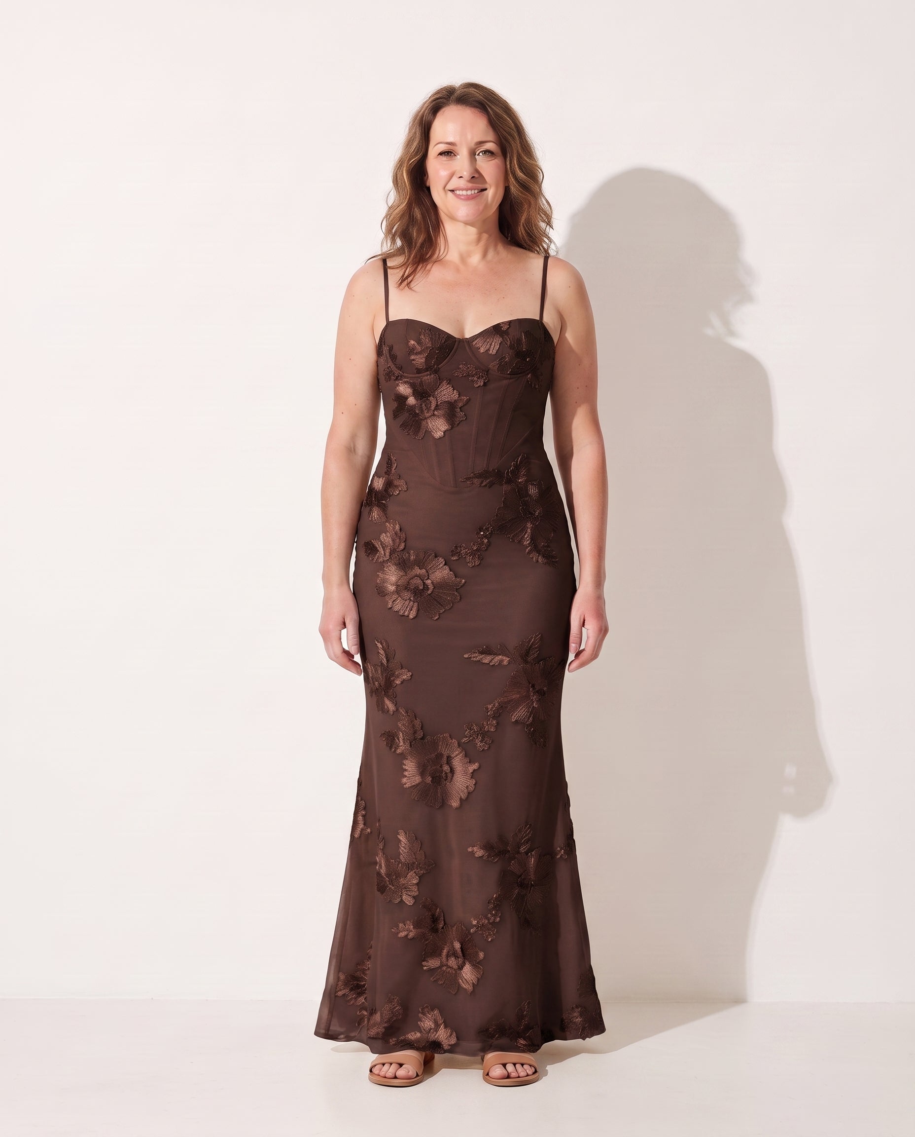 Mathilde | Plus Size Floral Embroidered Wedding Guest Maxi Dress — Brown