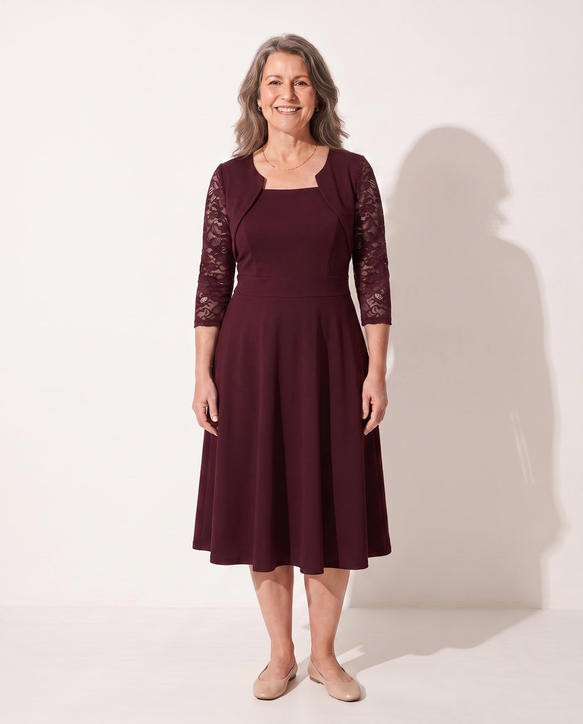Maelys | Long Sleeve Lace A-Line Wedding Guest Midi Dresses — Burgundy