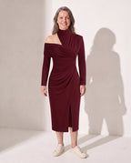Edith | Ruched One Shoulder Midi Wedding Guest Dress — Burgundy