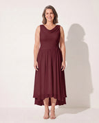 Fleur | Long Sleeve Draped Neck Pleated Midi Dress — Burgundy