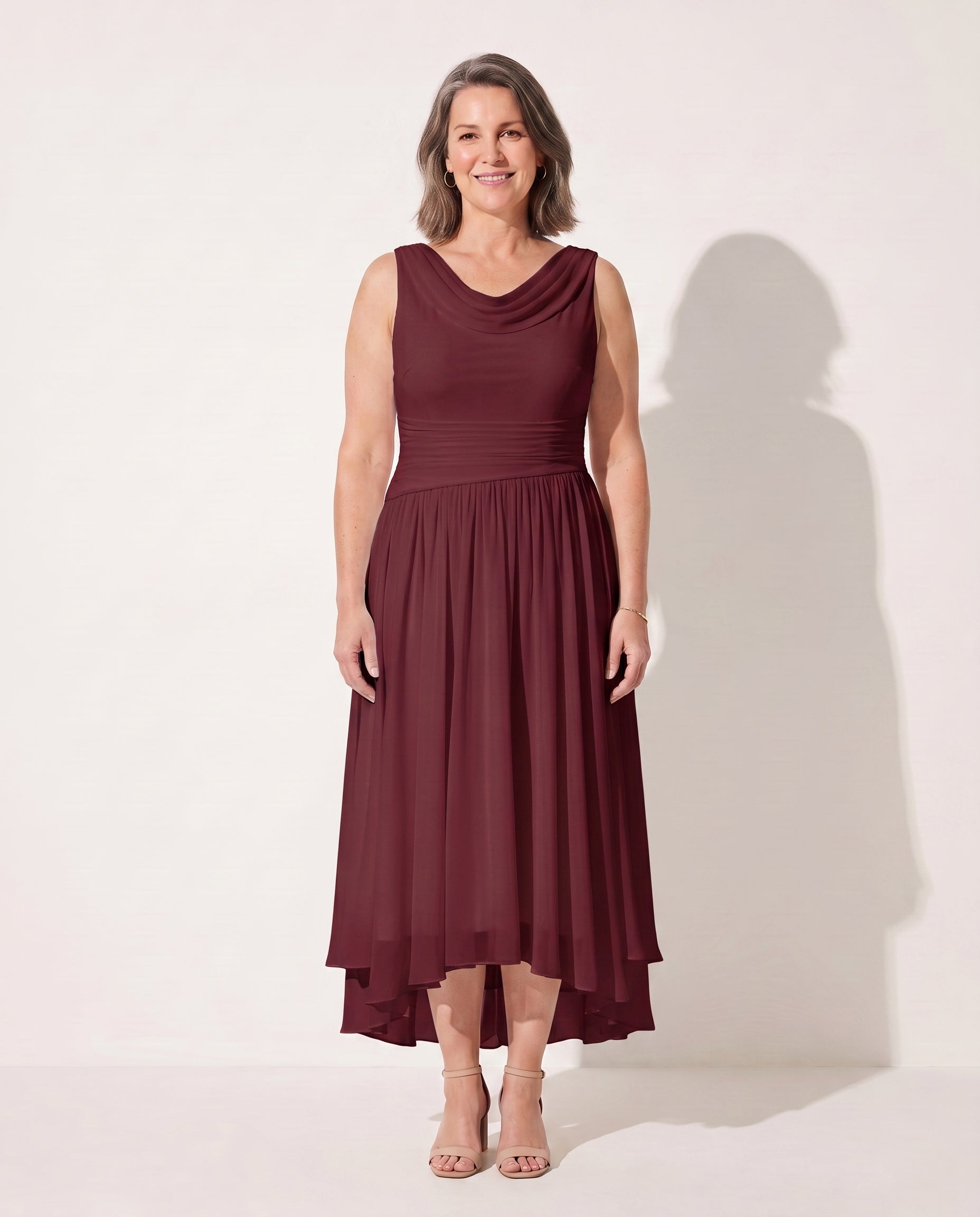 Fleur | Long Sleeve Draped Neck Pleated Midi Dress — Burgundy