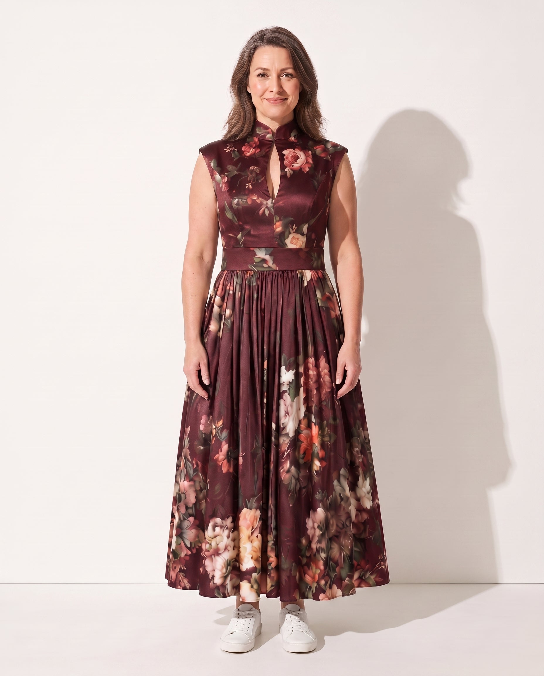 Clemence | Long Sleeve Floral Pleated Midi Wedding Guest Dresses — Burgundy