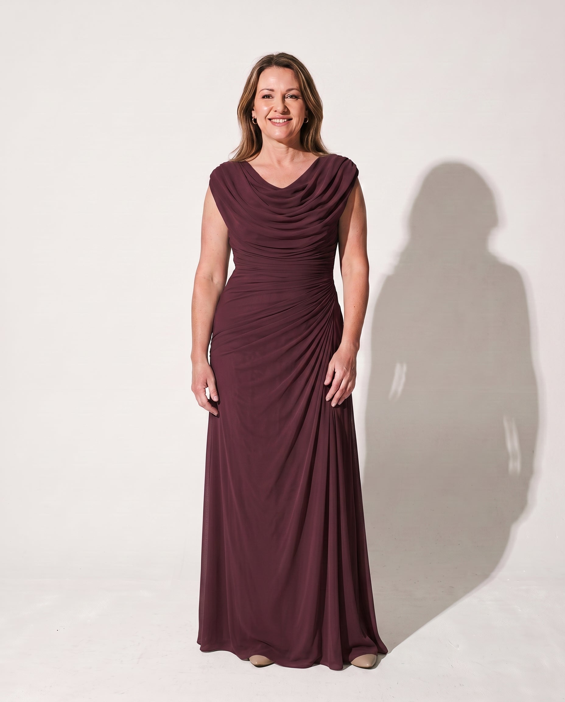 Georgiana | Long Sleeve Wedding Guest Dresses Cowl Neck Ruched Maxi — Burgundy