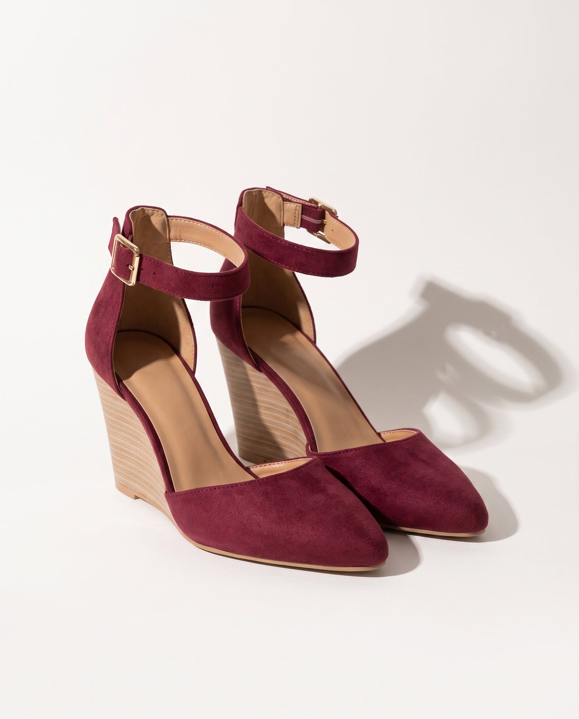 Noemie | Closed Toe Ankle Strap Wedge Heels for Evening Wear — Burgundy