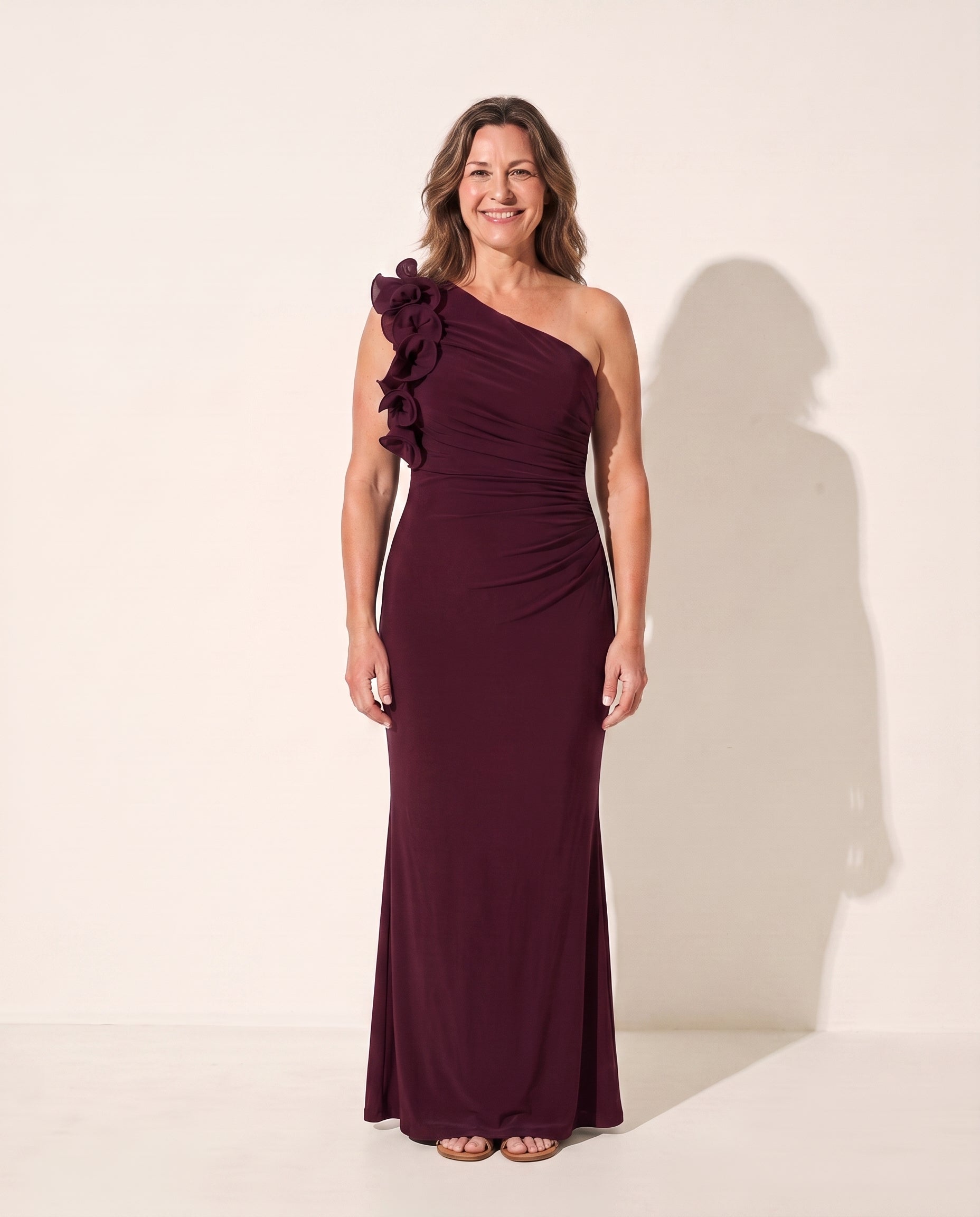 Verena | Wedding Guest Dresses With Sleeves Ruffle One Shoulder — Burgundy