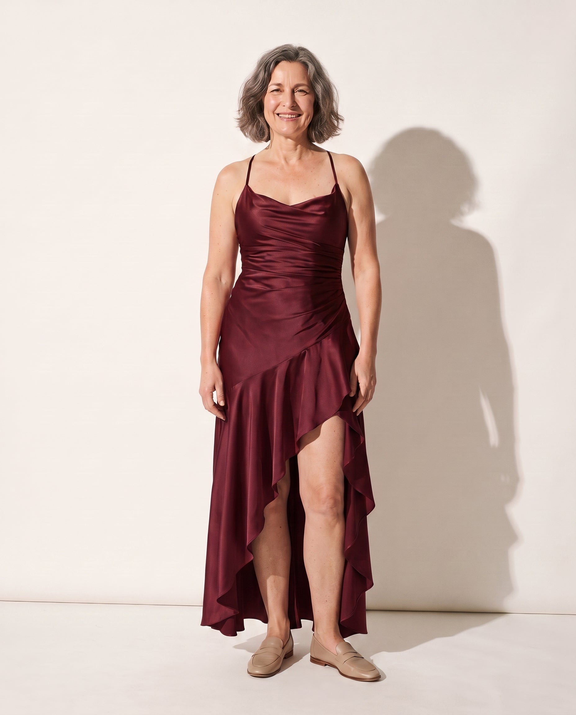 Henriette | Women Cowl Neck Satin Slip Maxi Dress — Burgundy