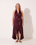 Wilhelmina | Satin Halter Evening Maxi Dresses For Formal Wear — Burgundy