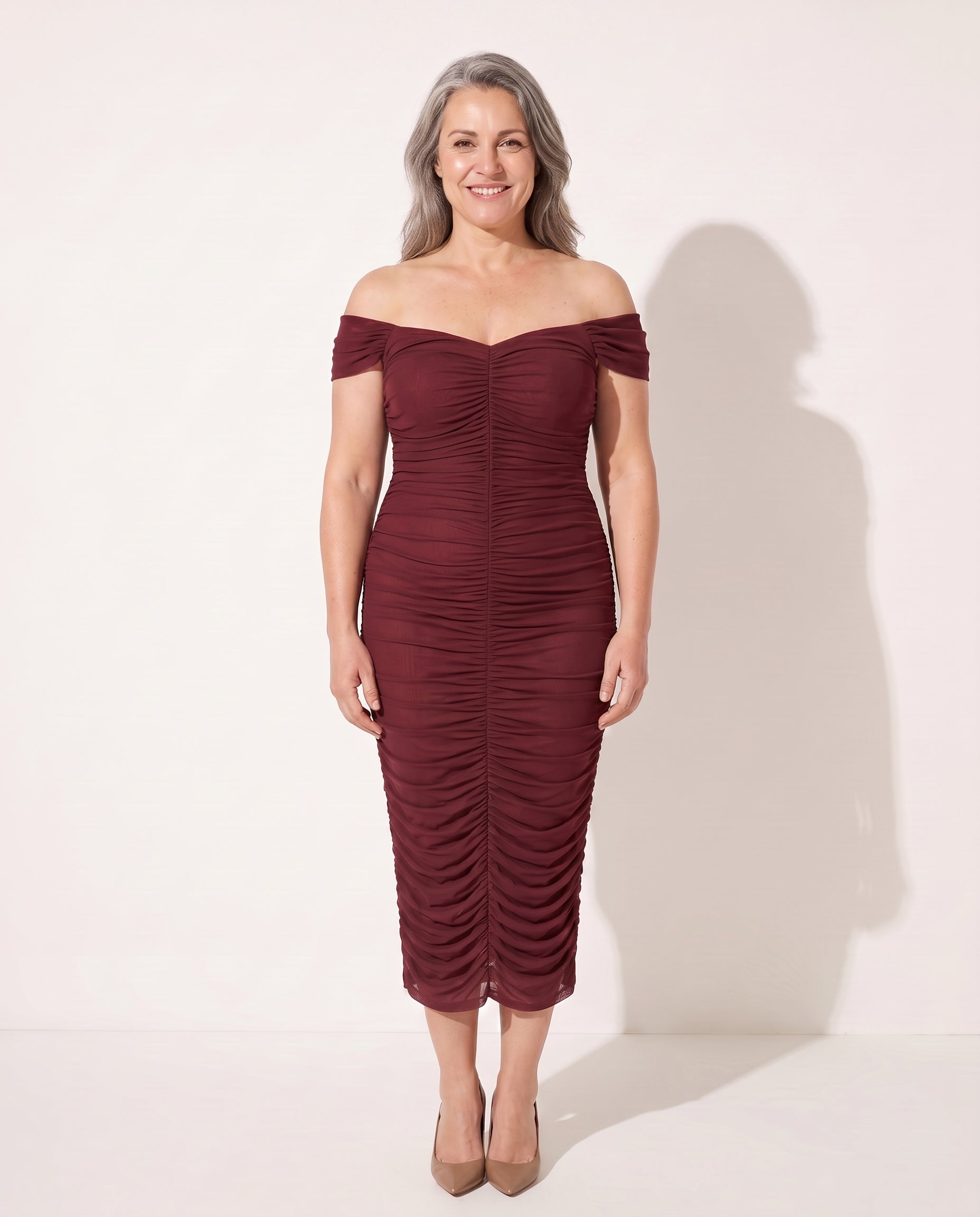Giselle | Long Sleeve Wedding Guest Dresses Ruched Mermaid Gown — Burgundy