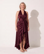 Amandine | Halter Neck Satin Maxi Dress With Ruffle Hem — Burgundy