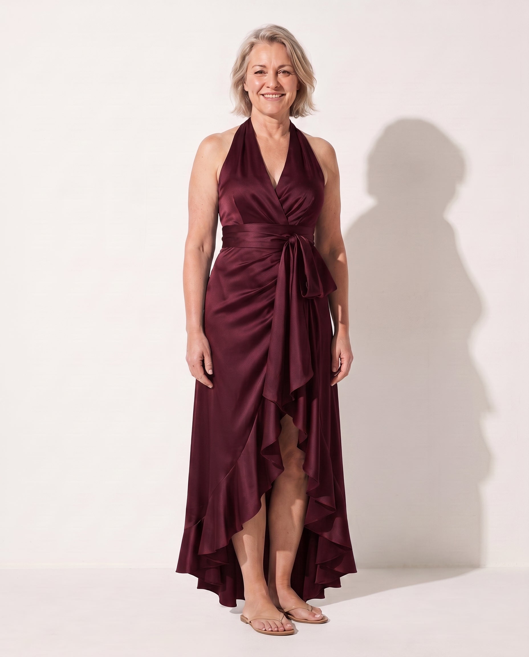 Amandine | Halter Neck Satin Maxi Dress With Ruffle Hem — Burgundy
