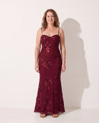 Mathilde | Plus Size Floral Embroidered Wedding Guest Maxi Dress — Burgundy