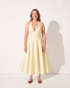 Celeste | Floral Print Halter Neck Midi Dress with Tulle Skirt — Butter Yellow