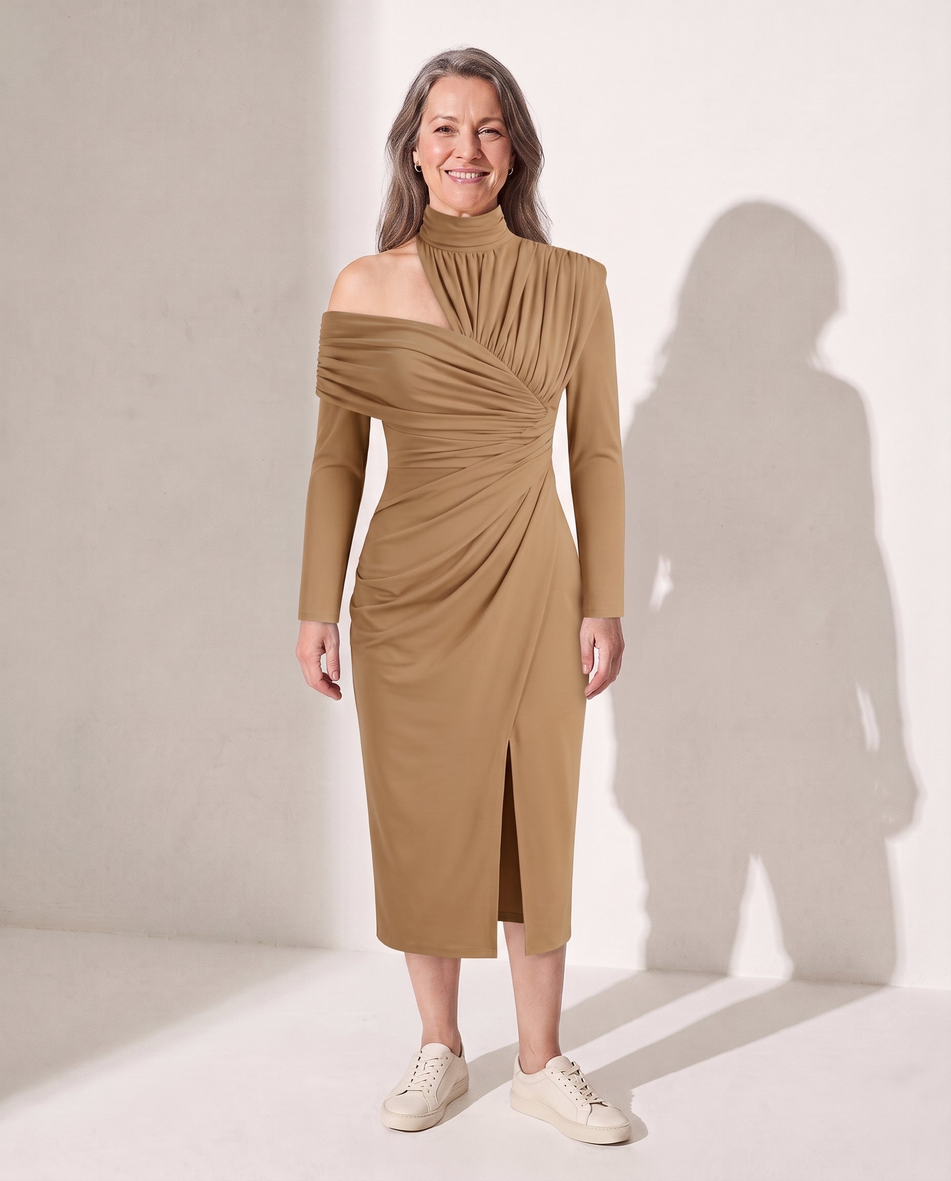 Edith | Ruched One Shoulder Midi Wedding Guest Dress — Camel