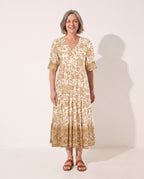 Ophelia | Long Sleeve Floral Midi Dress Wedding Guest — Camel