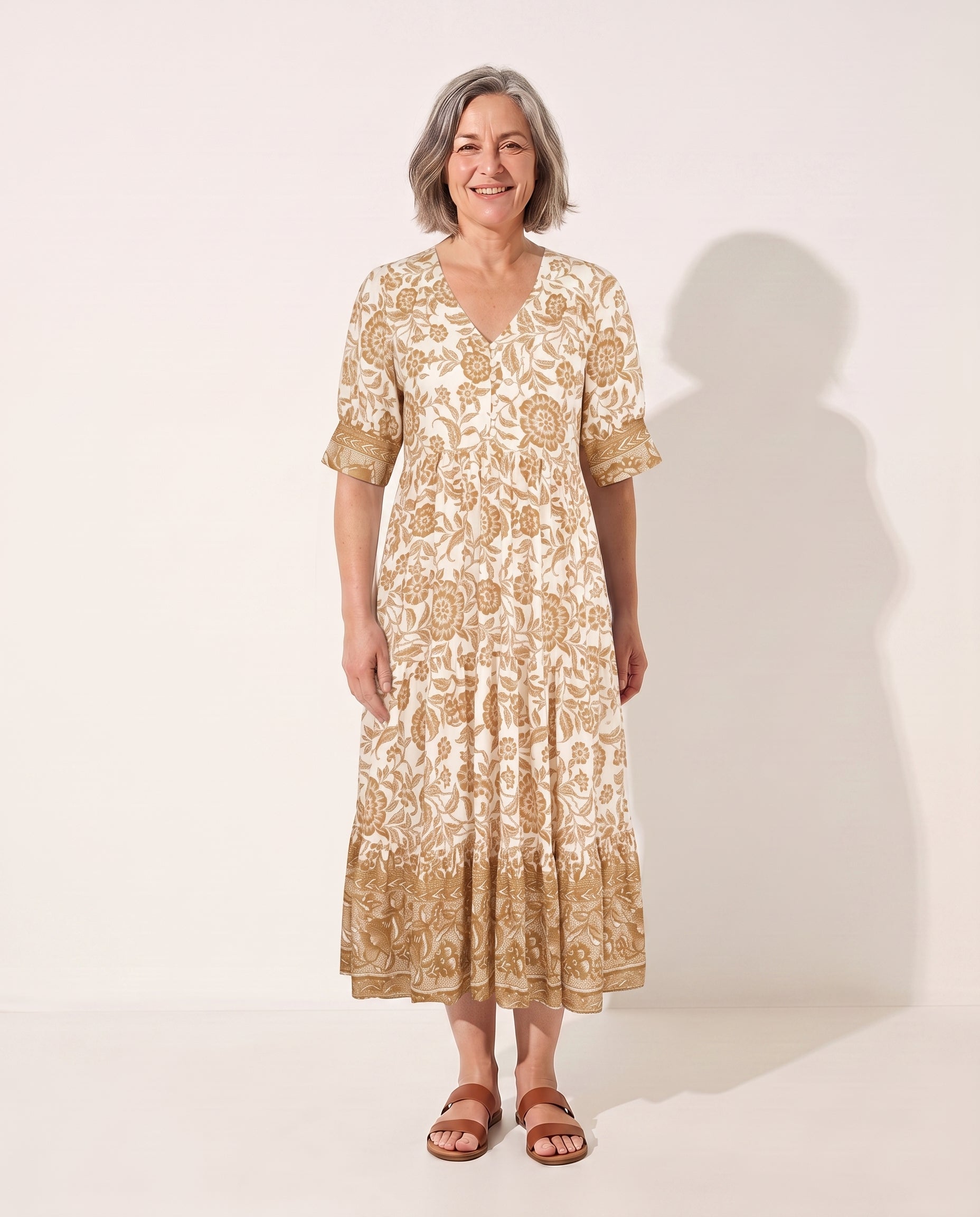Ophelia | Long Sleeve Floral Midi Dress Wedding Guest — Camel