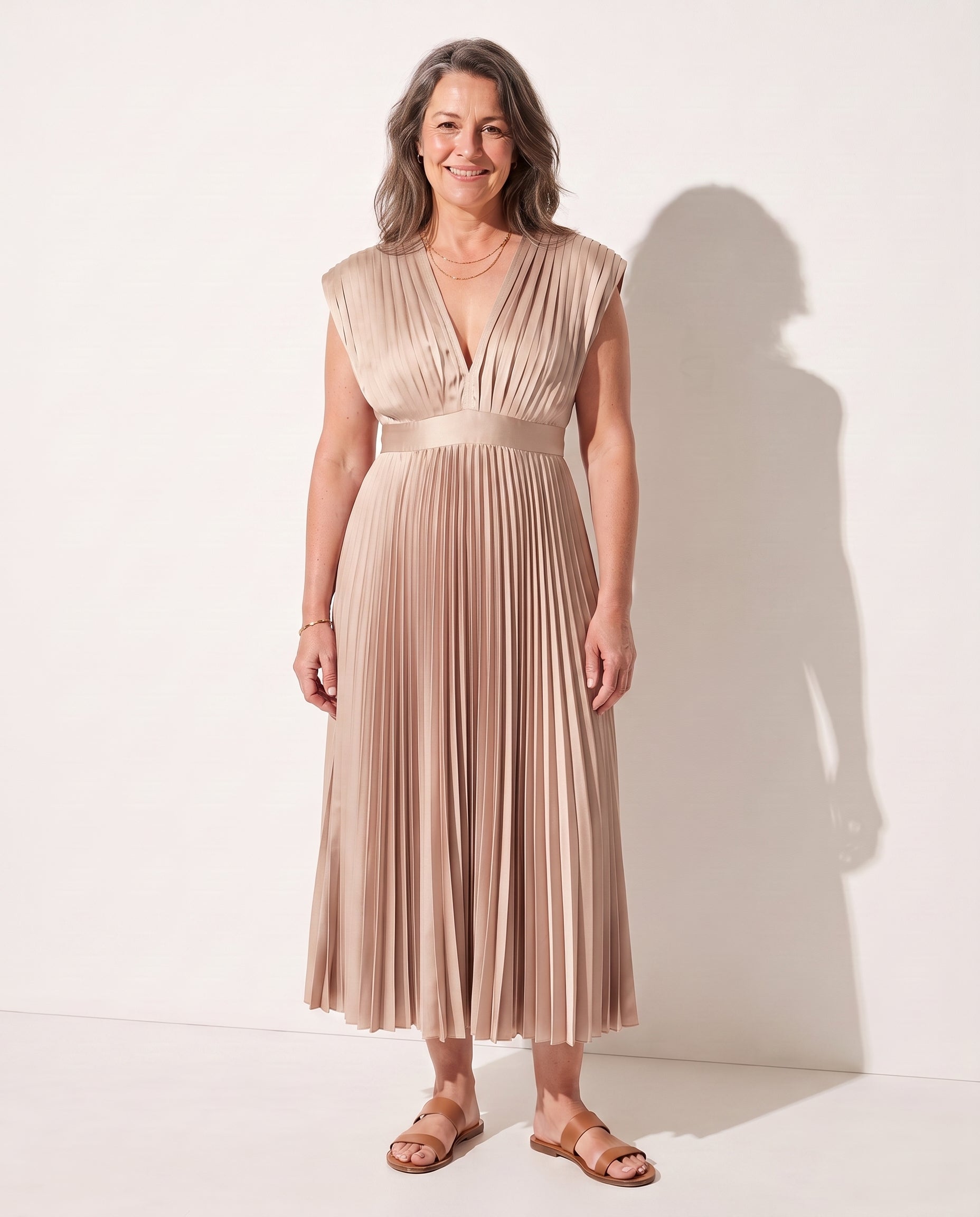Philippa | Long Sleeve V-Neck Pleated Midi Wedding Guest Dress — Champagne