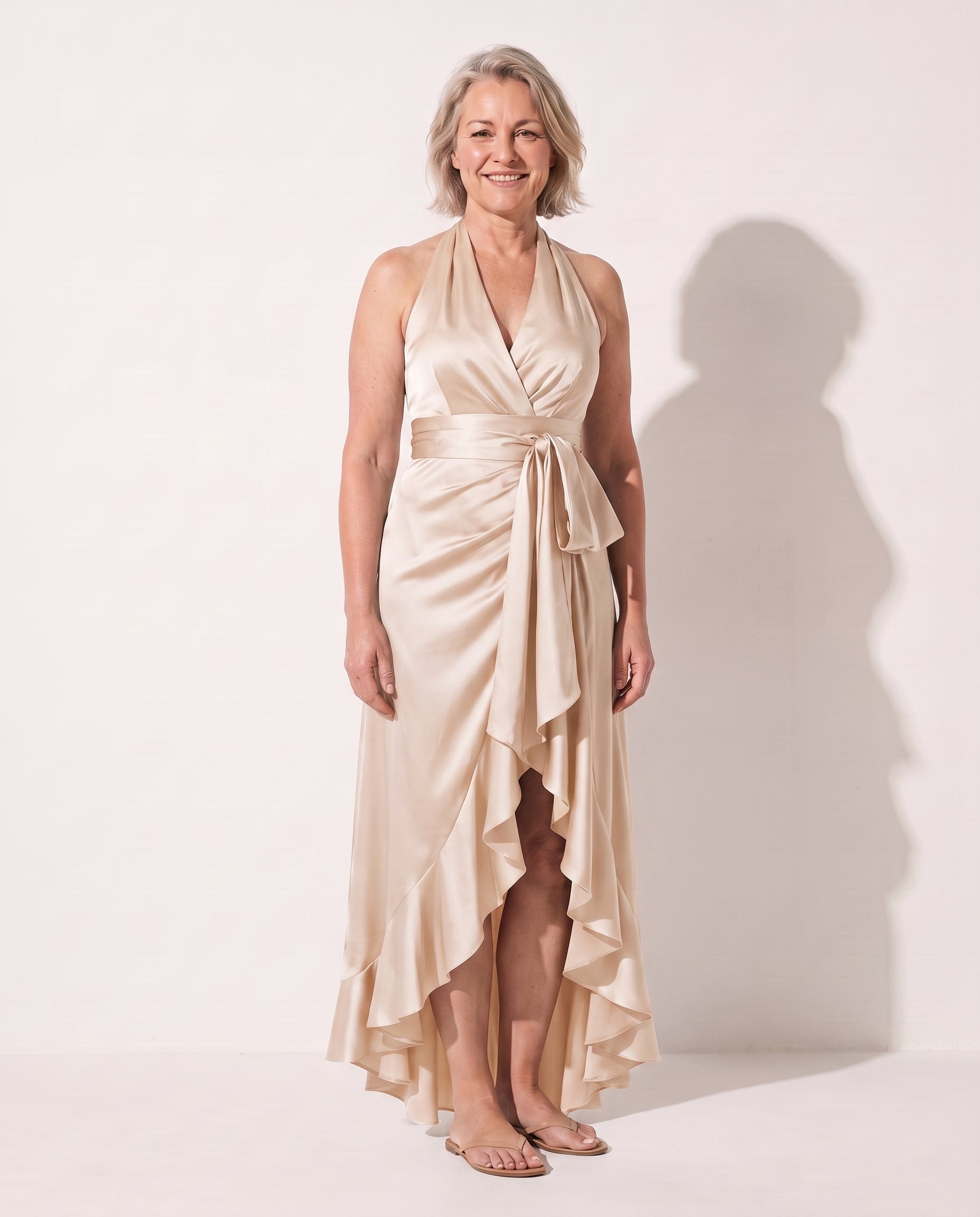 Amandine | Halter Neck Satin Maxi Dress With Ruffle Hem — Champagne