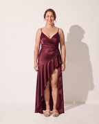 Rosalind | Long Sleeve Satin Maxi Dress Cowl Neck Evening Gown — Cherry Lacquer