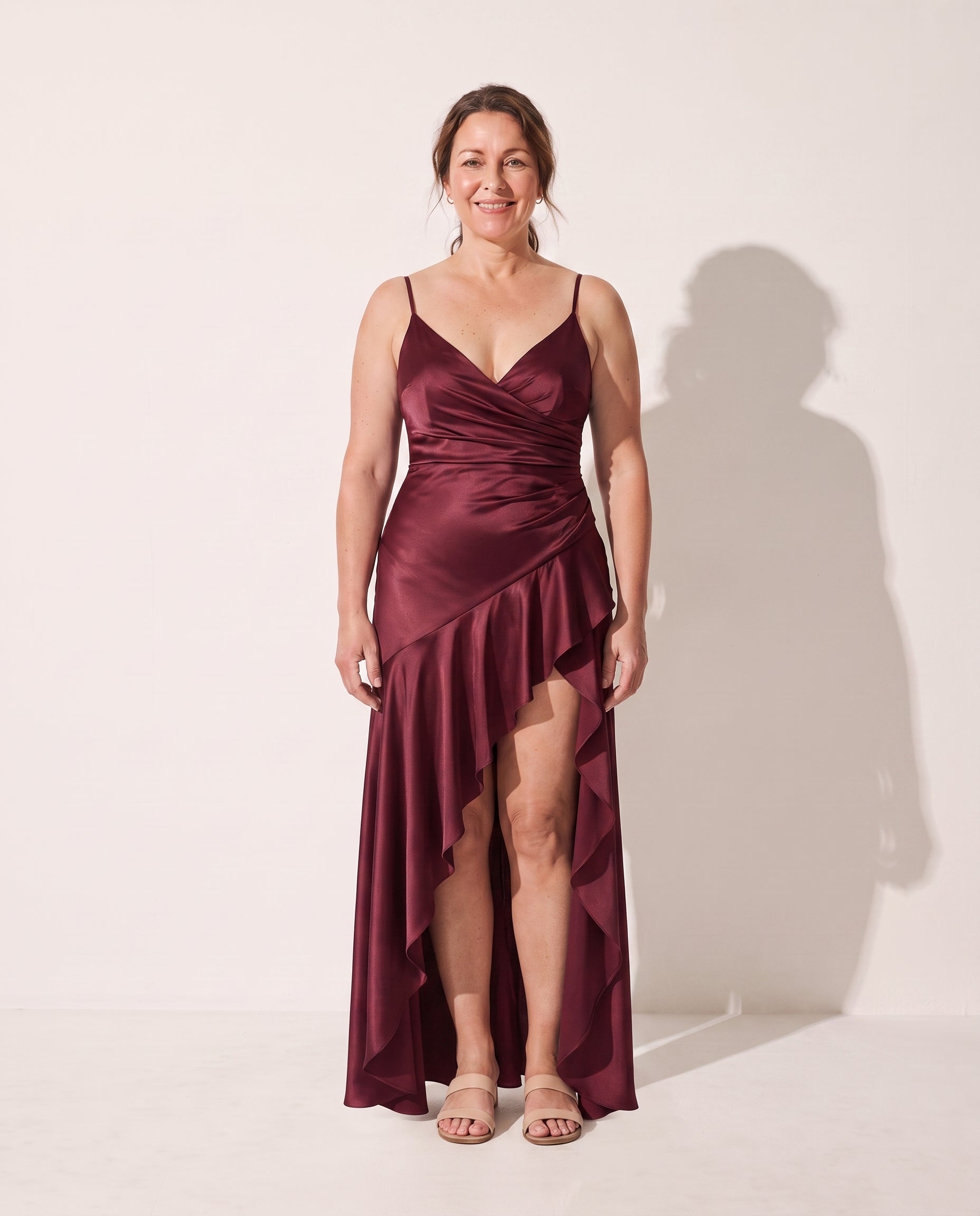 Rosalind | Long Sleeve Satin Maxi Dress Cowl Neck Evening Gown — Cherry Lacquer