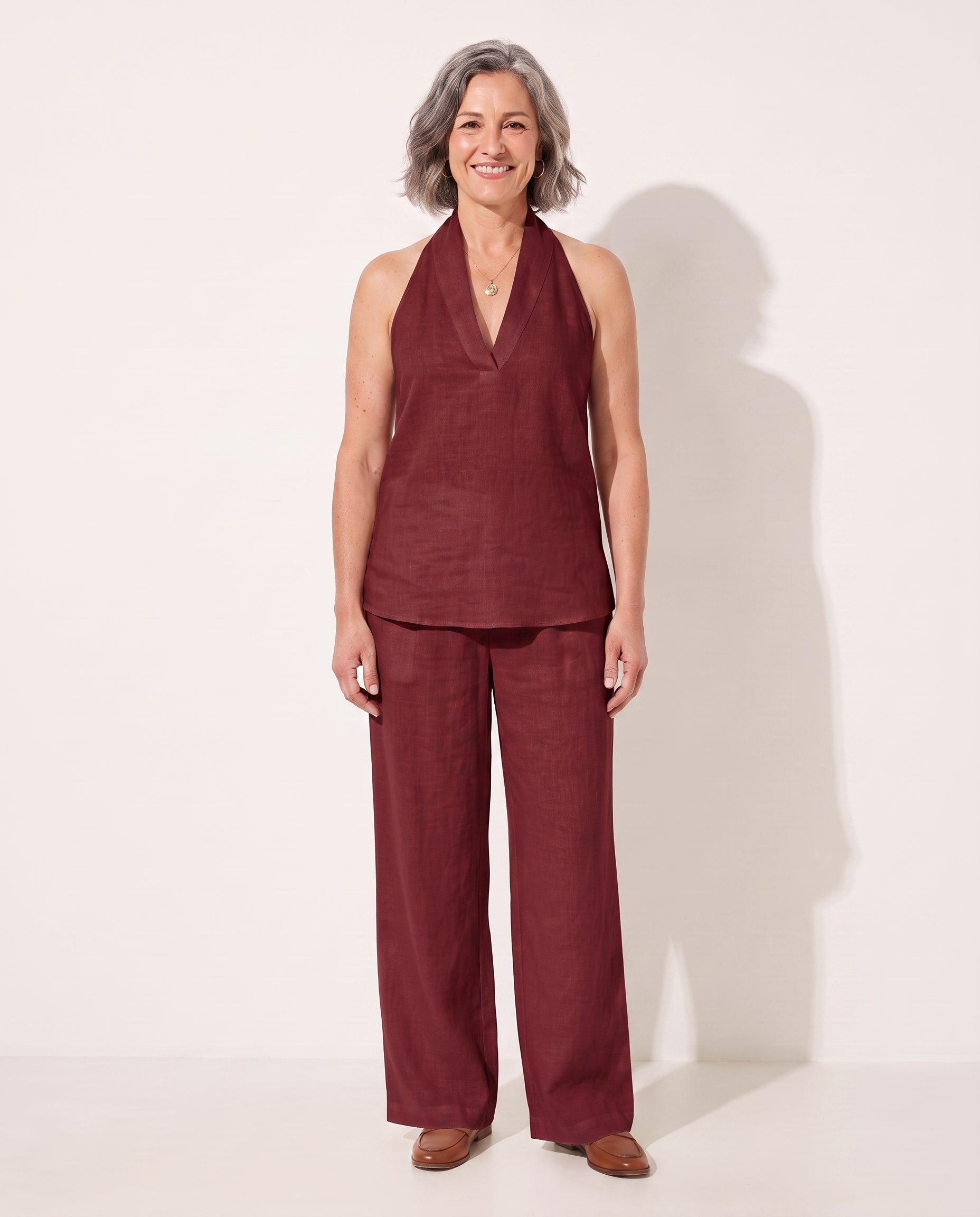 Josephine | Camel Wide Leg Trousers Halterneck Co-Ord Set — Claret