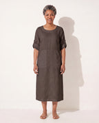 Noemie | Black Evening Dress with Draped A-Line Silhouette — Coffee