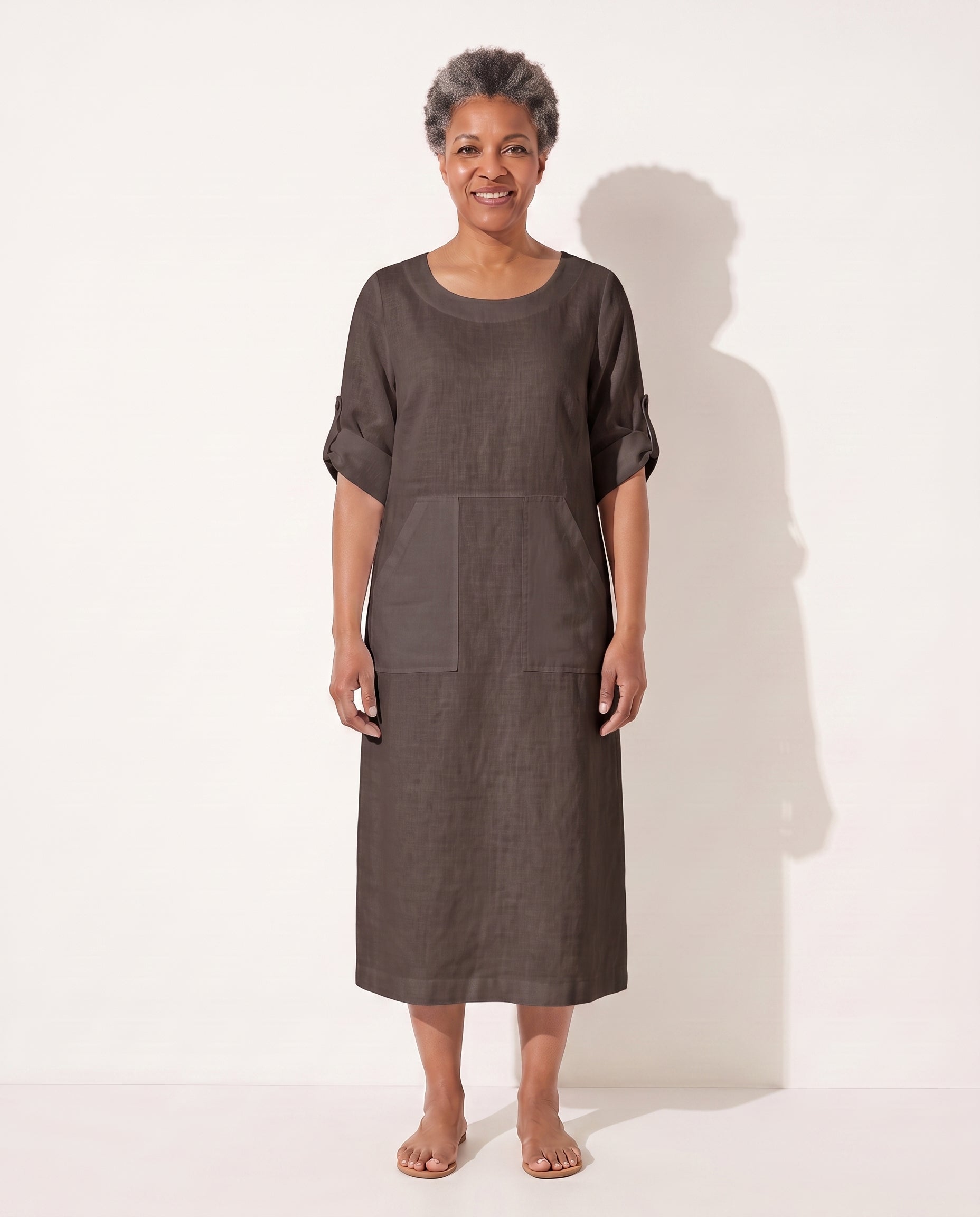 Noemie | Black Evening Dress with Draped A-Line Silhouette — Coffee