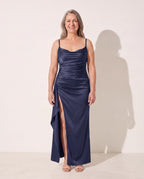Honorine | Black Ruched Satin Bodycon Maxi Dress — Dark Blue