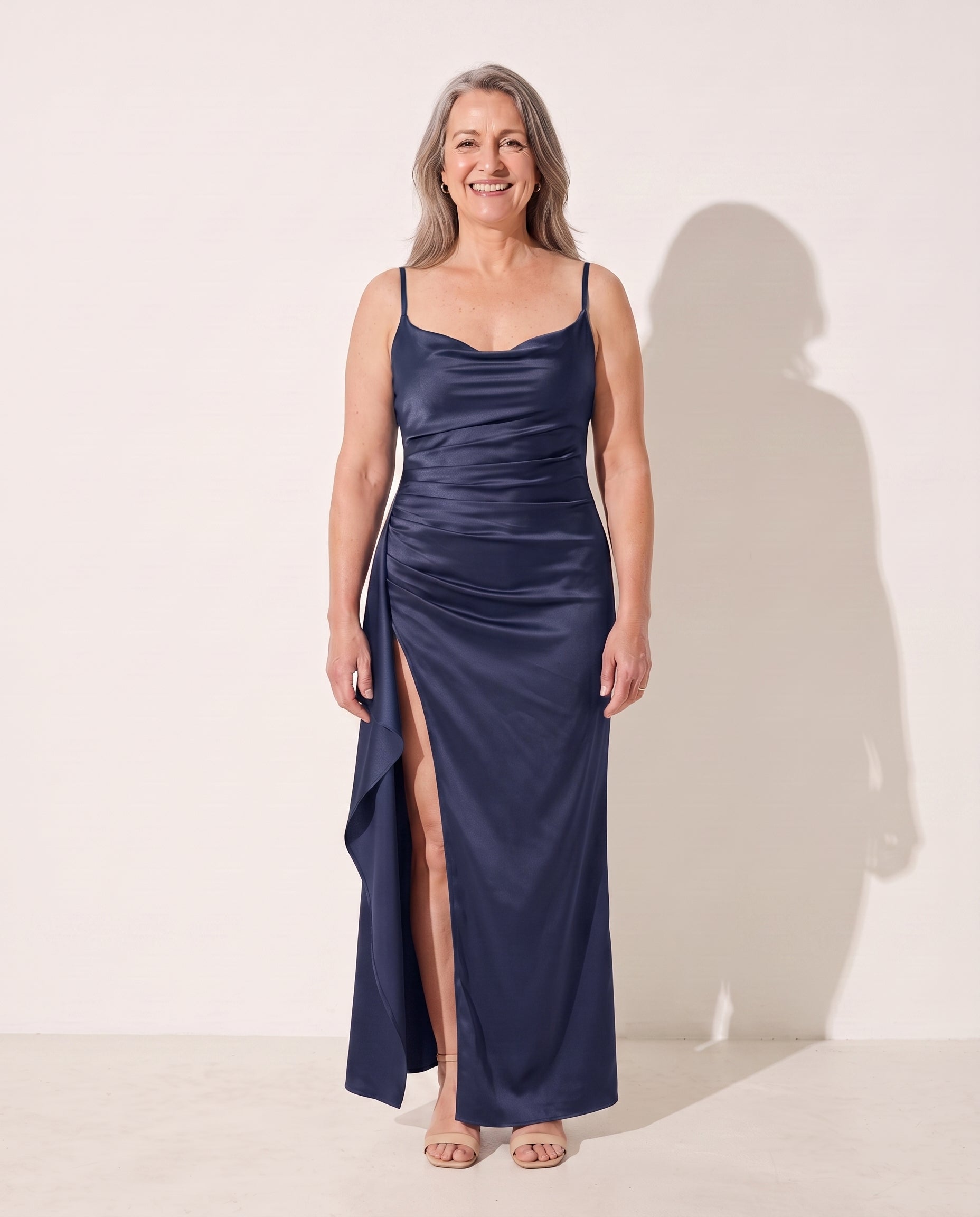 Honorine | Black Ruched Satin Bodycon Maxi Dress — Dark Blue