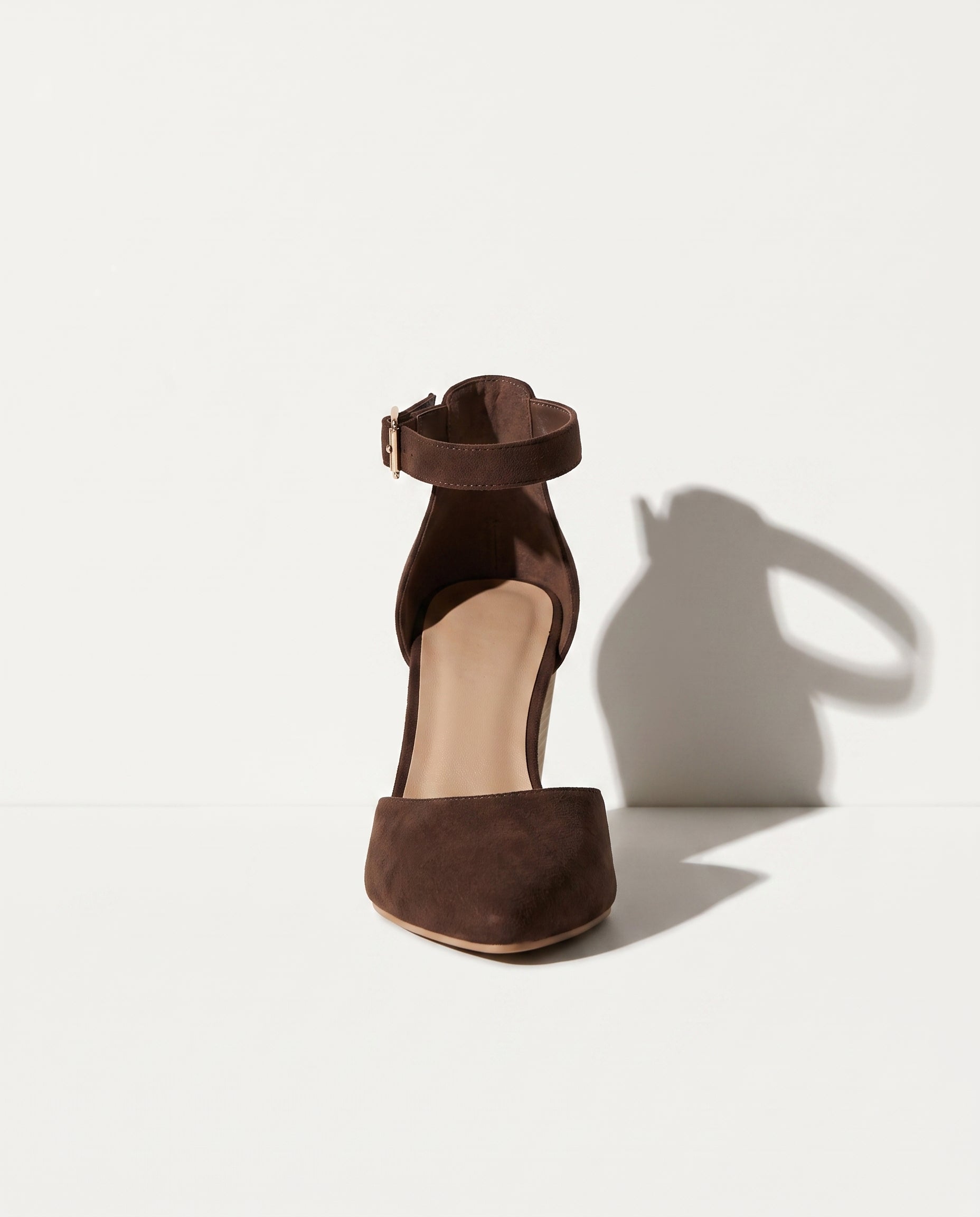 Noemie | Closed Toe Ankle Strap Wedge Heels for Evening Wear — Dark Brown