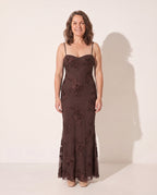 Rosaline | Red Floral Corset Maxi Dress Wedding Occasion — Dark Brown