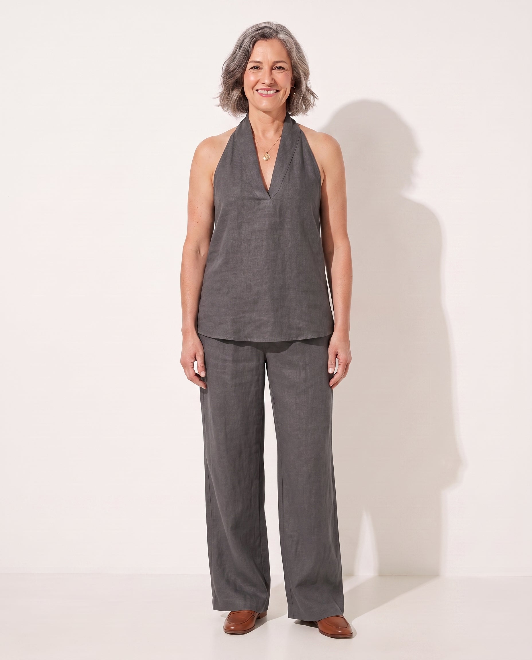 Josephine | Camel Wide Leg Trousers Halterneck Co-Ord Set — Dark Gray
