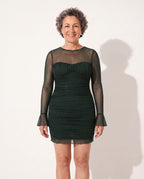Daphne | Black Ruched Bodycon Mini Dress Long Sleeve Cocktail — Dark Green