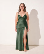 Theodora | Satin Maxi Wedding Guest Dresses with Split — Dark Green