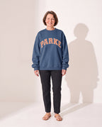 Vivienne | Women Varsity Jacket Oversized Fleece Hoodie — Denim Blue with Orange Letters