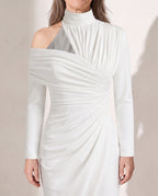 Edith | Ruched One Shoulder Midi Wedding Guest Dress — detail