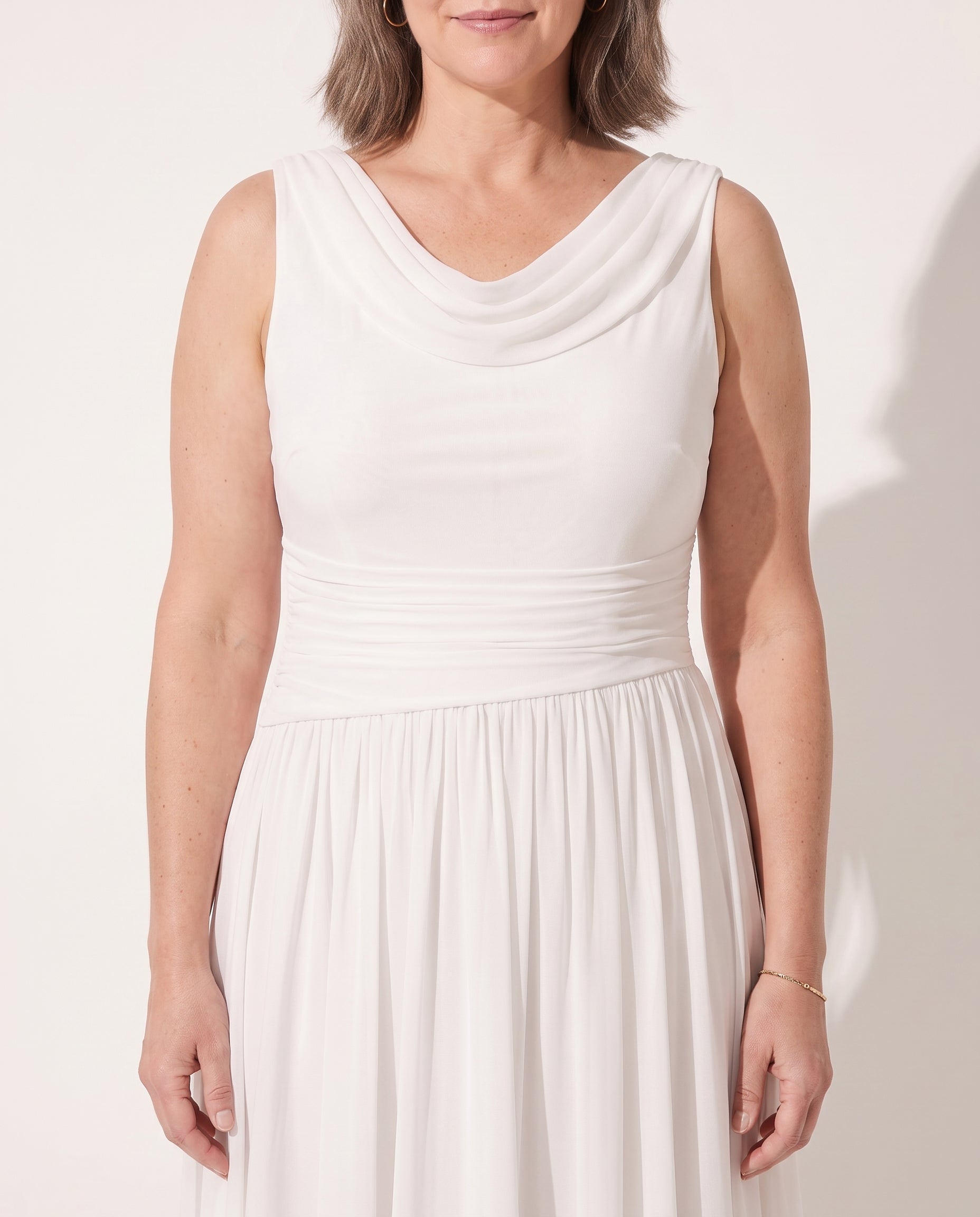 Fleur | Long Sleeve Draped Neck Pleated Midi Dress — detail