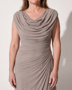 Georgiana | Long Sleeve Wedding Guest Dresses Cowl Neck Ruched Maxi — detail